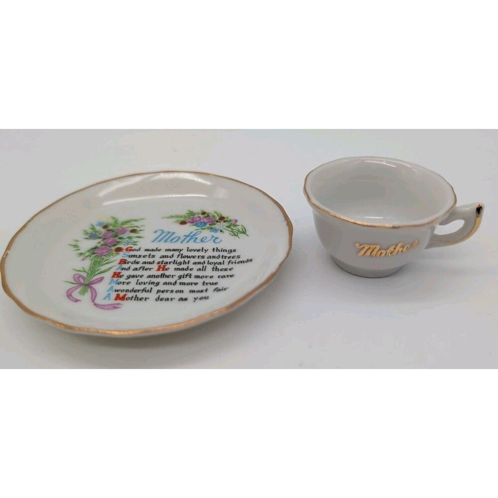 Vintage MOTHER Porcelain Miniature Cup Plate Set Rose Bouquet Gold Trim